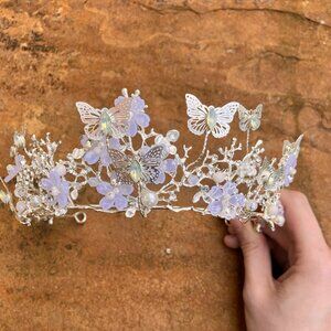 Silver Butterfly Flower Springtime Fairy Crown Tiara with Pearls Crystals Beads